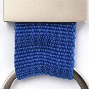 A blue woven fabric keyring featuring a metallic attachment. It includes a circular metal ring.