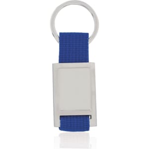 A keyring featuring a blue textured strap and a silver metal tag with a blank surface for customisation.