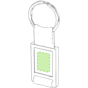 A metallic keyring with a rectangular green panel and a circular attachment loop.