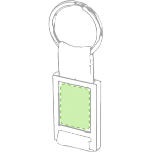 A keyring with a rectangular green insert. It features a silver metal ring for attachment and a simple design.
