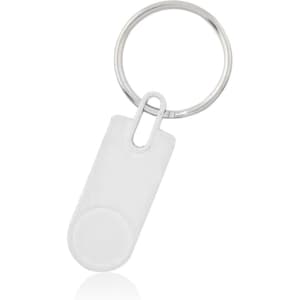 A clear acrylic keyring with a metal ring, featuring a minimalist design and a small clip attachment.