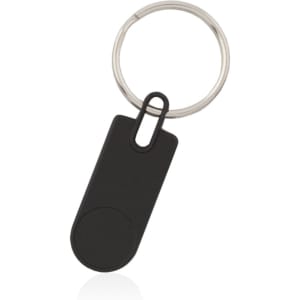 A black keyring with a round fob and silver metal ring, featuring a logo.