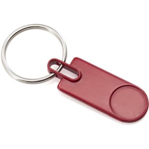 A maroon keyring with a circular attachment point and a metal ring for keys. It features a simple design without any text.
