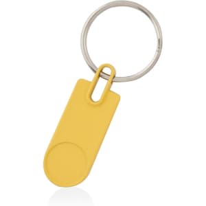 A yellow keyring with a circular attachment point and a metal keyring loop.
