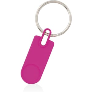 A pink keyring with a circular attachment and metal keyring loop. It features a branding logo.