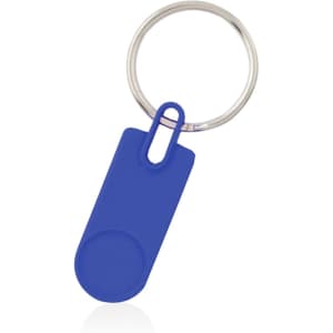 A blue keyring featuring a circular attachment point and a metal ring for keys. It has a simple design with a logo.