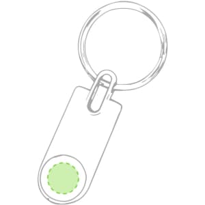 A silver keyring featuring a green circular accent. It has a simple, modern design.