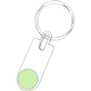 A green keyring with a circular attachment and a metal loop for keys. Features a simple design.
