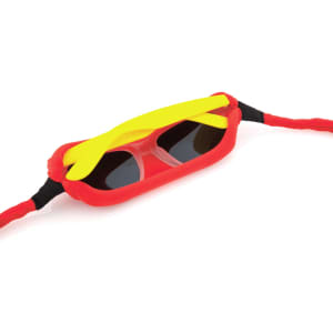 Multipurpose glasses strap in red and yellow, featuring a logo, designed for sunglasses and outdoor use.