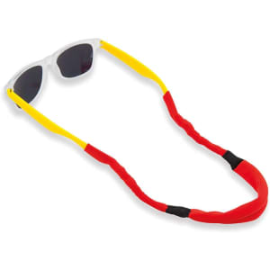 A sunglasses strap in red and yellow, designed for multipurpose use, featuring a logo.