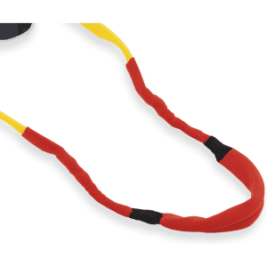 A multipurpose glasses strap featuring red and yellow colours, designed for leisure and outdoor use.