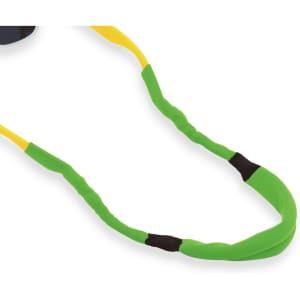 A green and yellow multipurpose glasses strap with a textured surface, featuring sections for comfort and grip.