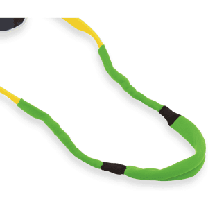 A green and yellow glasses strap designed for sunglasses, featuring a branded logo.