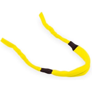 A yellow and black multipurpose glasses strap with a flexible design, featuring a branding logo.