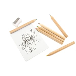 A set of wooden coloured pencils in various colours, a sharpener, and a panda drawing on paper.