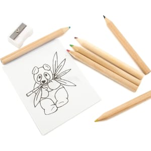 A set of coloured pencils in red, green, blue, and yellow, alongside a sharpener and a black-and-white drawing of a panda.