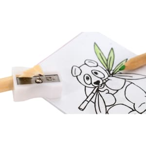 A close-up of a pencil with a sharpener beside a colouring page featuring a panda. The pencil is wooden.