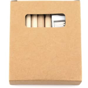A brown cardboard box containing coloured pencils and a sharpener, visible through a small window.