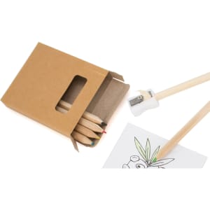 A cardboard box containing coloured pencils in red, green, and yellow, alongside a sharpener and a sketch.