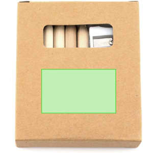 A cardboard package containing coloured pencils and a sharpener, with a clear window showcasing the contents.