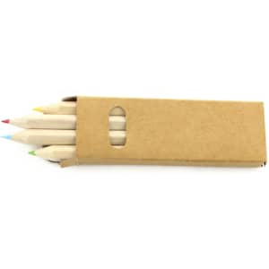 A pencil set in a cardboard box featuring blue, green, red, and yellow coloured pencils. Includes branding on the packaging.