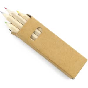A pencil set in a brown cardboard box containing five coloured pencils: red, blue, green, yellow, and natural wood.