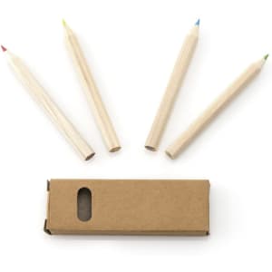 A set of four coloured pencils in red, blue, green, and yellow, with a brown cardboard box.