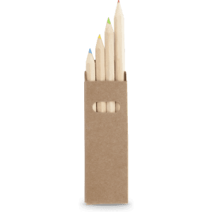 A pencil set in a kraft paper holder, featuring various coloured pencils in yellow, blue, and neutral shades.