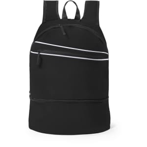 A black backpack with white zipper accents and adjustable shoulder straps, featuring multiple zippered compartments.