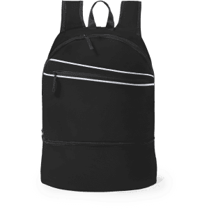 A black backpack with two zippered front pockets and shoulder straps, featuring a logo.