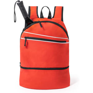 A vibrant orange backpack with black accents and multiple zippered pockets, featuring a strap for carrying.