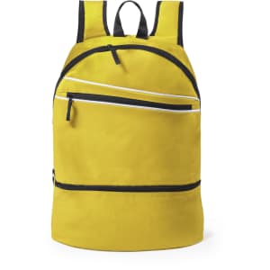 A yellow backpack with multiple zippered compartments and black accents. It features adjustable straps and a logo.