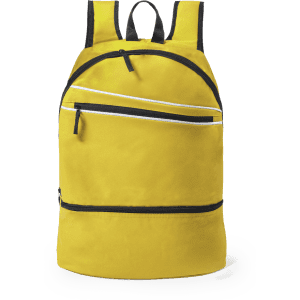 A yellow backpack with black accents and multiple zippered pockets, featuring a logo on the front.