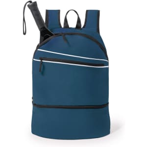 A blue backpack with black accents and a logo, featuring multiple compartments and adjustable straps.