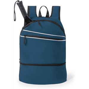 A navy blue backpack with multiple zippered pockets and adjustable straps. It features a logo on the front.