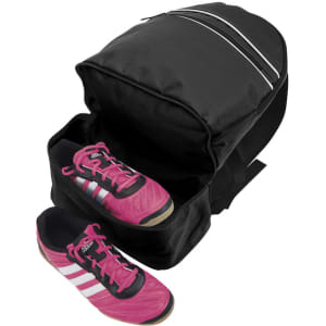 A black backpack with a zippered compartment and a pair of pink sports shoes placed outside. It features a logo.