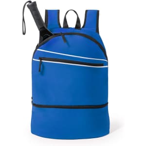 A blue Dorian Backpack featuring multiple zippered compartments and a logo. The design includes adjustable straps.