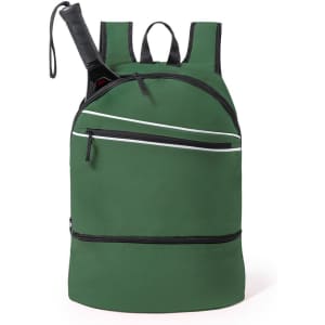 A green backpack with black accents and multiple zippered compartments, including an external pocket for a drink bottle.