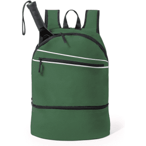 A green Dorian Backpack featuring multiple zippered compartments and a logo.
