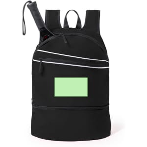 A black backpack with multiple compartments and a light green patch, featuring a logo on the front.