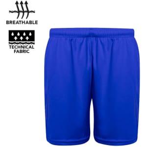 Blue sports shorts featuring a breathable design and made from technical fabric, with a logo visible.