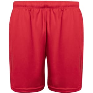 Red sports shorts with an elastic waistband and a logo. Designed for athletic wear.