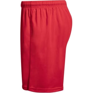 Red sports shorts with an elastic waistband, featuring a side view and a simple design, including a logo.