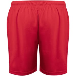 Red sports shorts with an elastic waistband and a logo, designed for athletic wear.