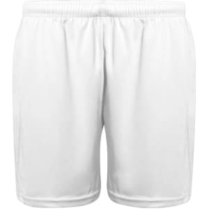 White sports shorts with an elastic waistband and side seams, featuring a logo. Suitable for athletic activities.