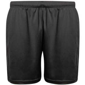 Black sports shorts with an elastic waistband, featuring a logo on one side.