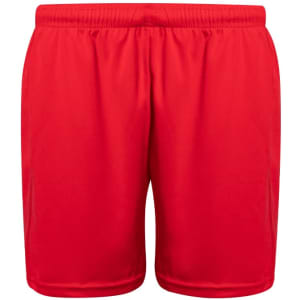 Red sports shorts with an elastic waistband and a simple design. Features a logo on the side.