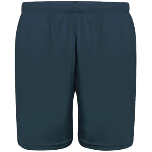 Navy sports shorts with an elastic waistband, featuring pockets and a logo. Suitable for athletic activities.