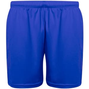 Blue sports shorts featuring an elastic waistband and a logo. Suitable for athletic activities.