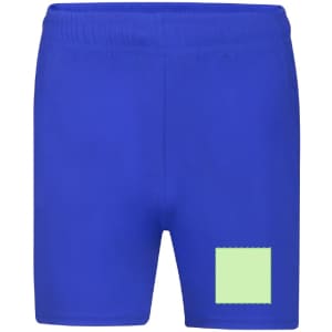 Bright blue sports shorts featuring a square patch in a light green colour. The shorts have an elastic waistband and no visible logo.